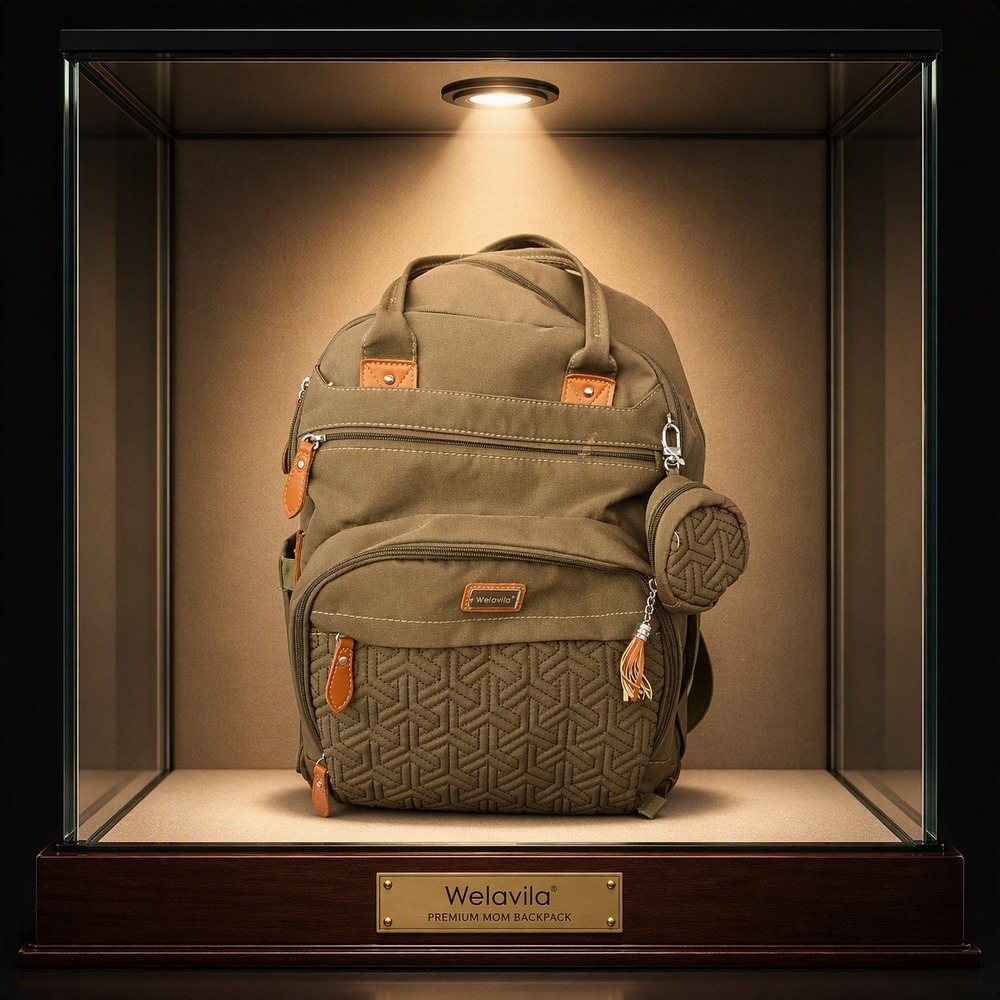 Welavila Premium Mom Backpack Diaper Bag Olive Green Khaki Canvas Multi-Pocket